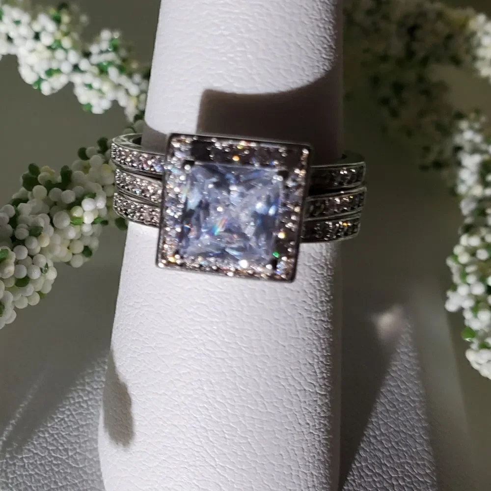 Princess Cut 2 Ct. Clear White Diamond Wedding Ring 14K White Gold 925 on Silver